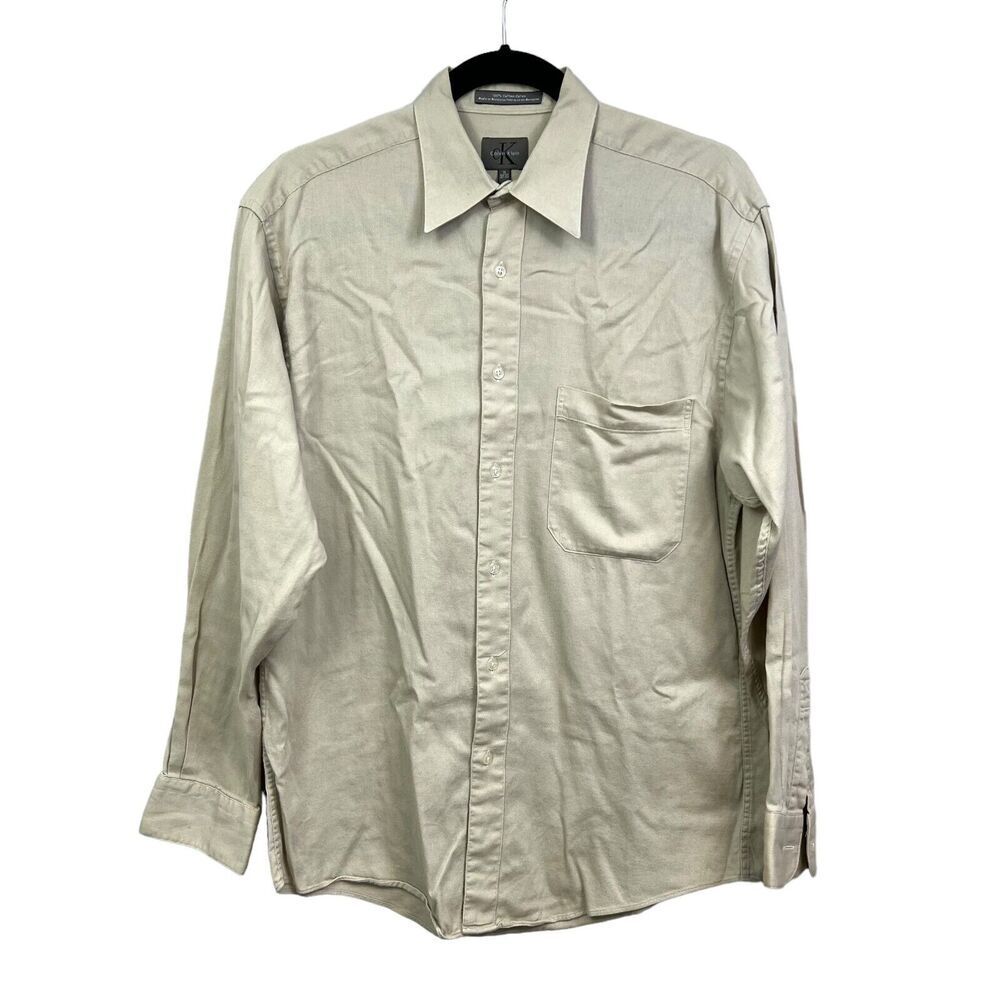 Calvin Klein Mens Button Up Shirt Long Sleeve Pen Pocket Beige Size 32-33 15*